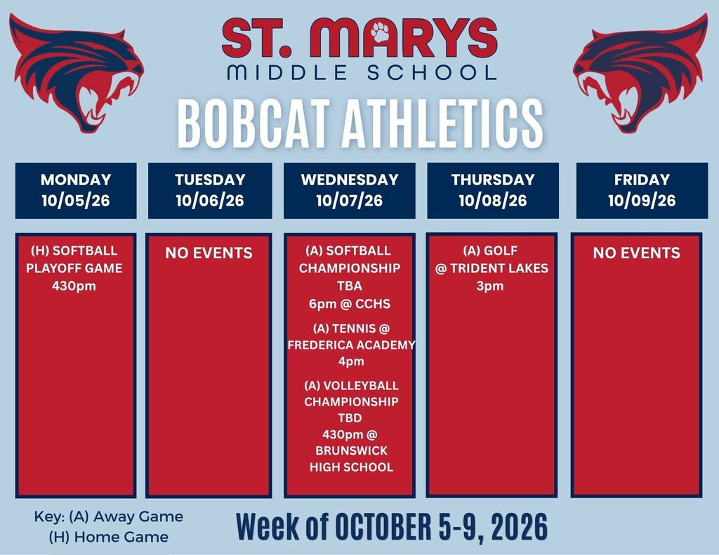 SMMS Bobcats Athletics week of 10/5: 10/5 softball, 10/7 softball, tennis, 10/8 golf.