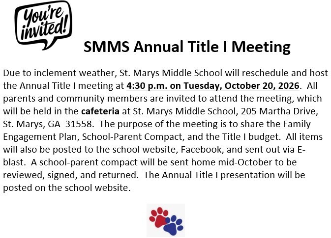 SMMS Title I Annual Meeting information flyer- Oct. 20 at 4:30pm in the cafeteria.
