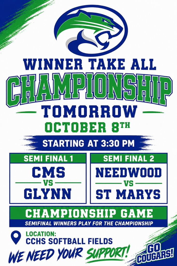 winner take all championship tomorrow October 8th starting at 3:30 pm semifinal 1 CMS VS. Glynn Semifinal 2: Needwood vs. St Marys Championship game semifinal winners play for the championship location CCHS softball fields we need your support Go Cms