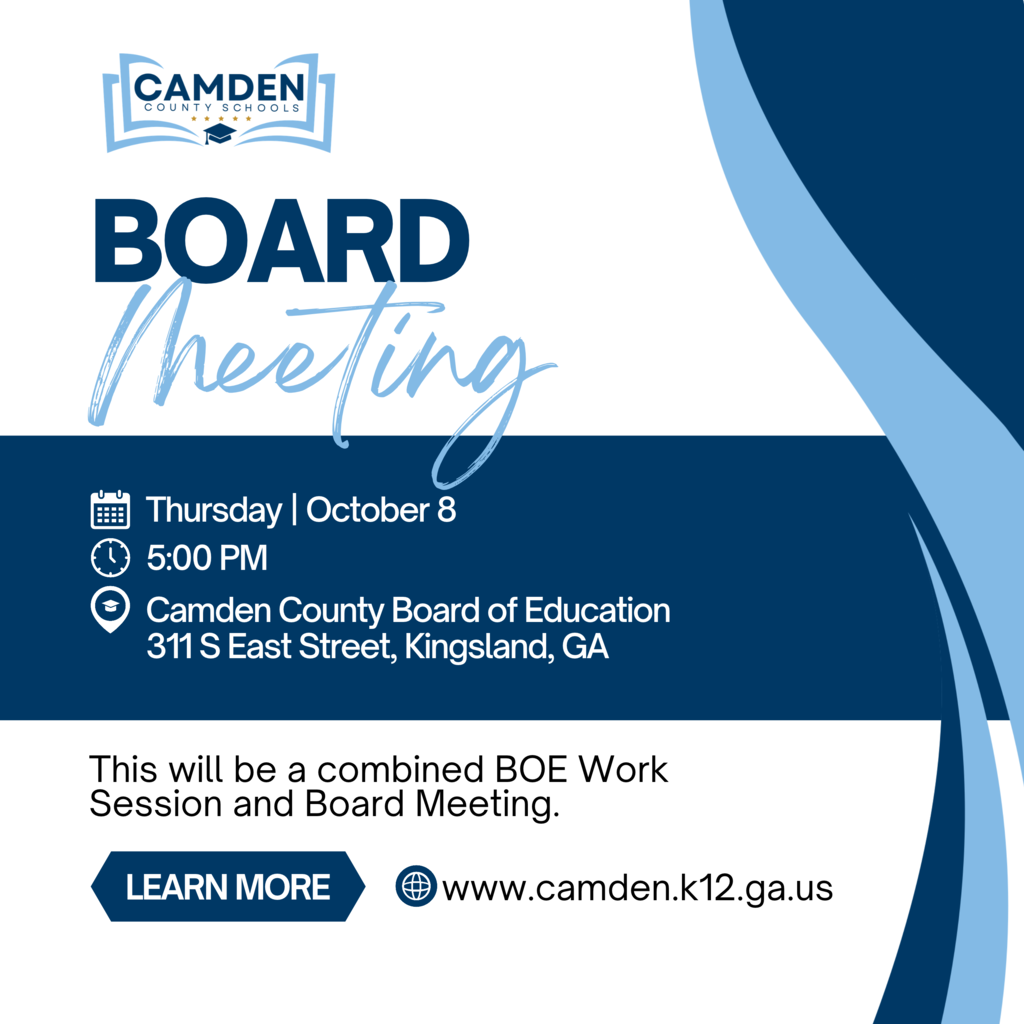 📢 Attention Camden County Families! Reminder of our December Camden County Board of Education Meeting. 🗓️ Date: October 8 🕕 Time: 5:00 p.m. 📍 Location: 311 S East Street, Kingsland, GA Your presence and participation are important to us. Come and stay informed about the latest developments in our education system. #BElieveinCAMDEN #WeAreCamden