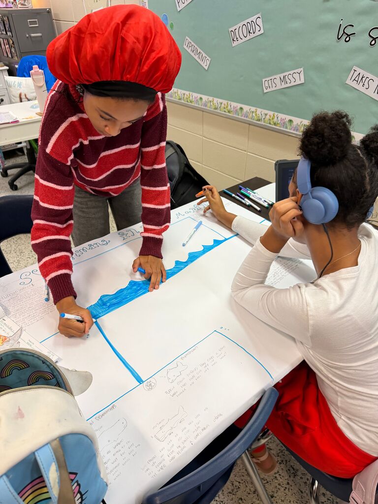 Mrs. Durden's 7th grade science class biome project picture of students working.