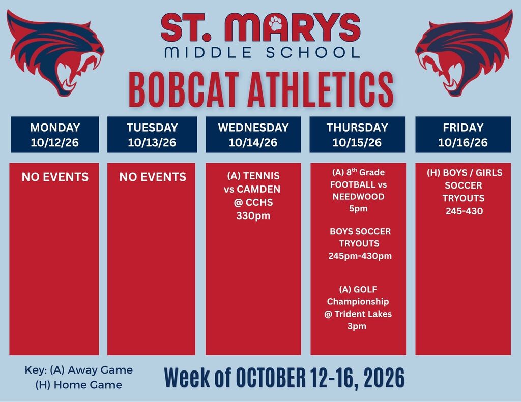 SMMS Bobcats Athletics week of 10/12: 10/14 tennis, 10/15 football, soccer tryouts, golf, 10/16 soccer.
