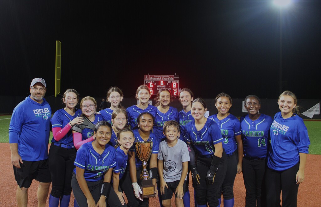 Camden Middle School softball team with championship trophy