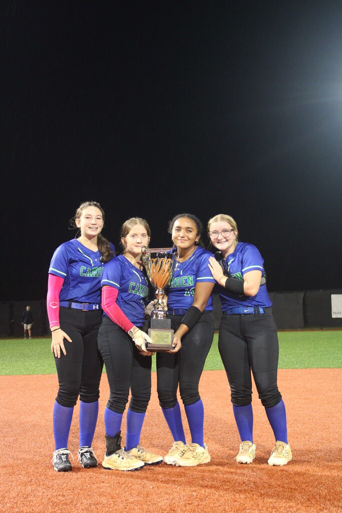 Camden Middle School 8th grade softball players with championship trophy