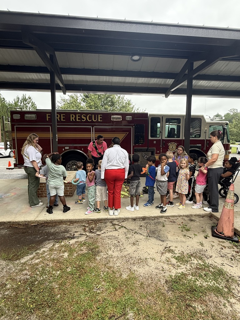 Students and teachers standing with their backs toward the camera, looking at a fire truck.