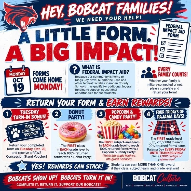 Bobcat federal impact form flyer: forms come home on Oct. 19th.