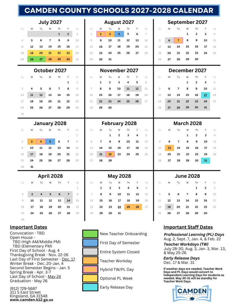 Camden County Schools 2027-2028 School Calendar