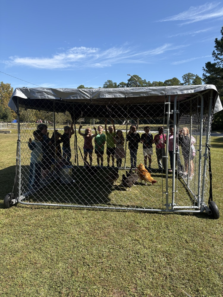 students showing off the new chicken home