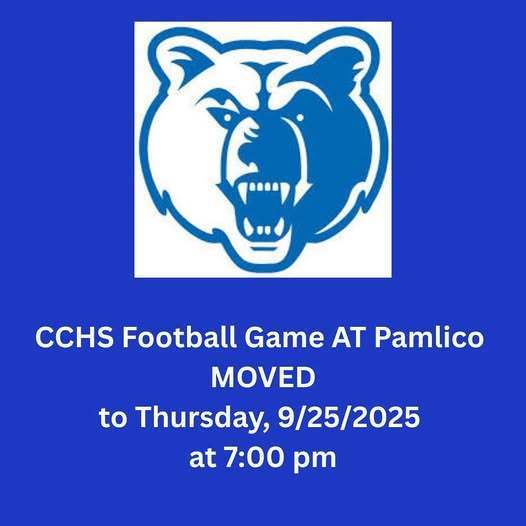 🏈 Game Change Alert! 🏈  The varsity football game, originally scheduled for Friday, September 26th at Pamlico, has been moved to tomorrow, Thursday, September 25th, at Pamlico, due to anticipated rain on Friday.  Kickoff will be at 7:00 PM.  Go Bruins! 💙