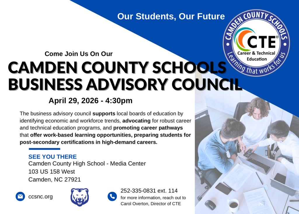 Camden County Schools Business Advisory meeting Wednesday, 4:30pm  at CCHS