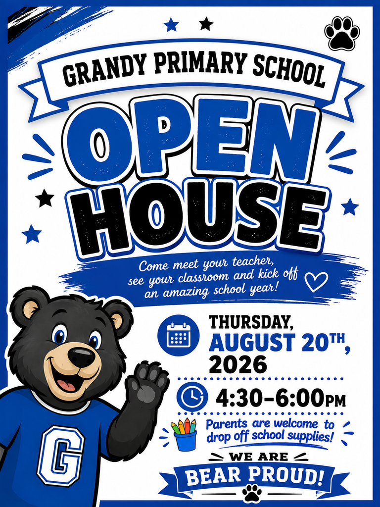 Open House flyer with bear in blue shirt and date of Thursday, August 20th from 4:30 to 6:00pm
