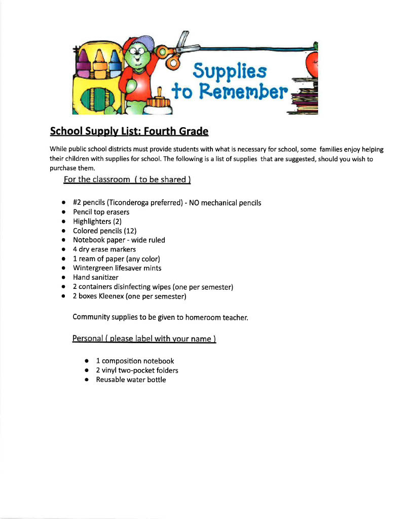 Fourth Grade Supply List 25/26