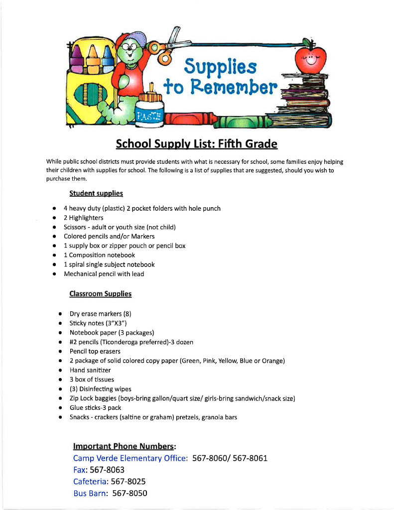 Fifth Grade Supply List 25/26