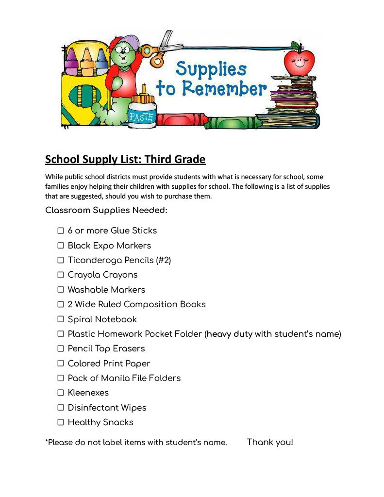 Updated: Third Grade Supply List