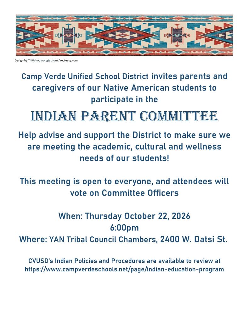 flyer for Indian Parent Committee Meet 10-22-26 at 6 PM at 2400 W Datsi St. 