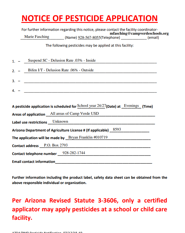 Notice of Pesticide Application