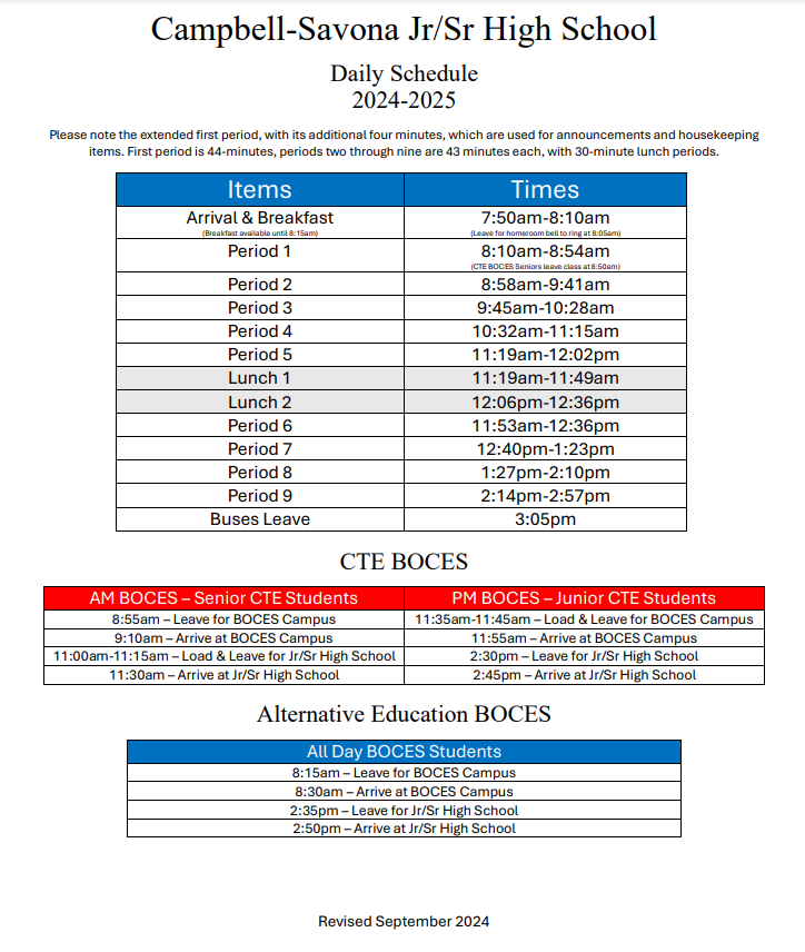 jr sr high school schedule