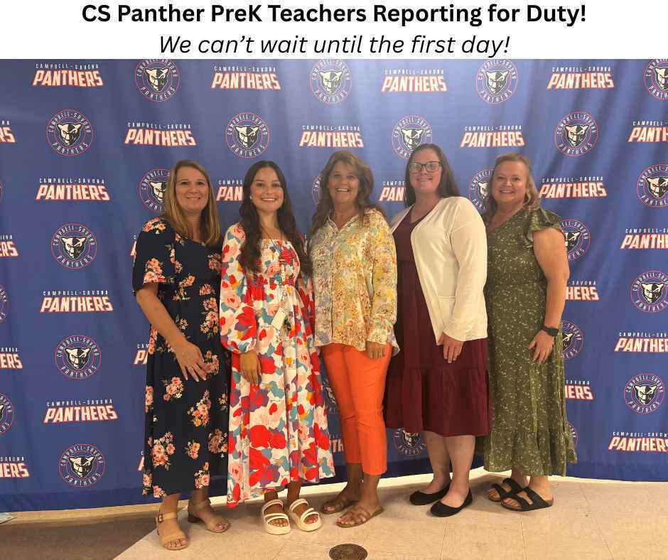 Group photo of PreK Teachers in front of Panther background