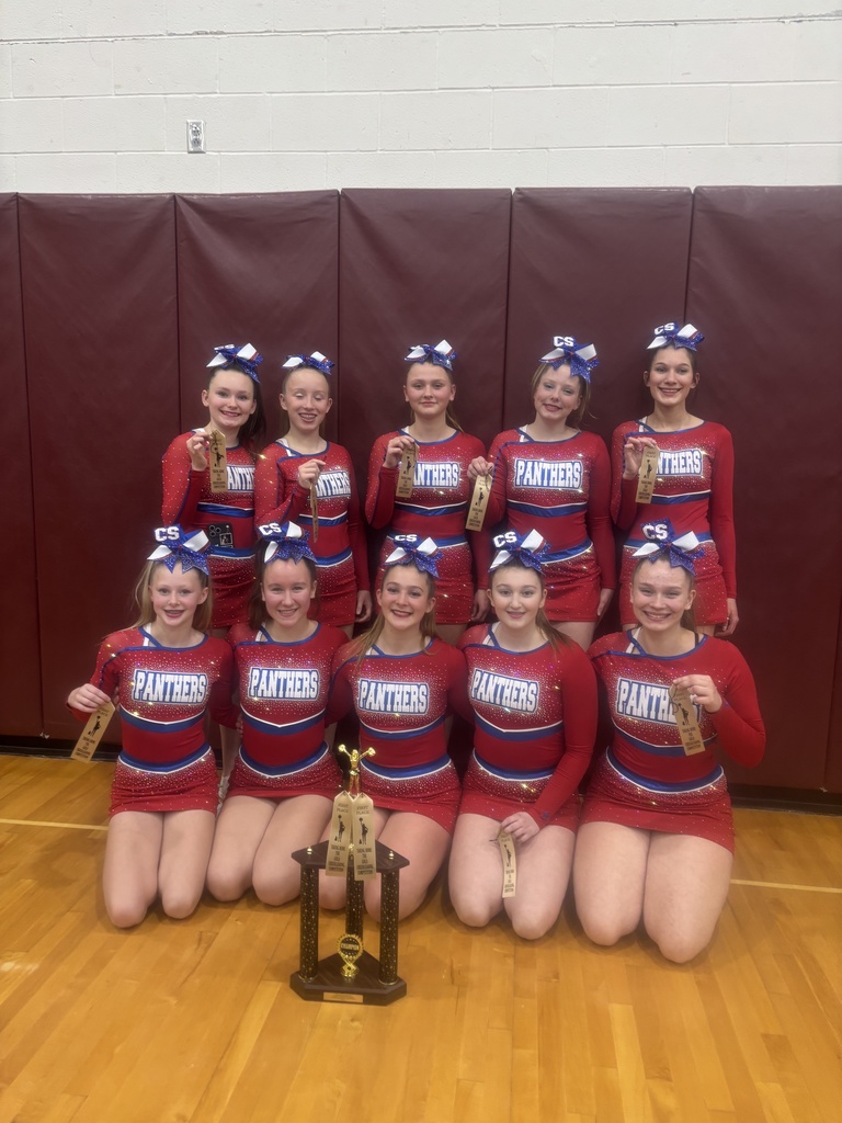 Varsity Cheerleading squad full picture in uniform with medals and trophy