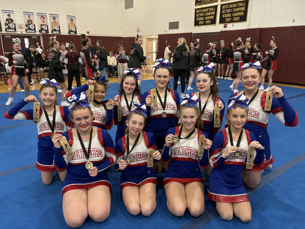JV Cheerleading squad full picture in uniform with medals