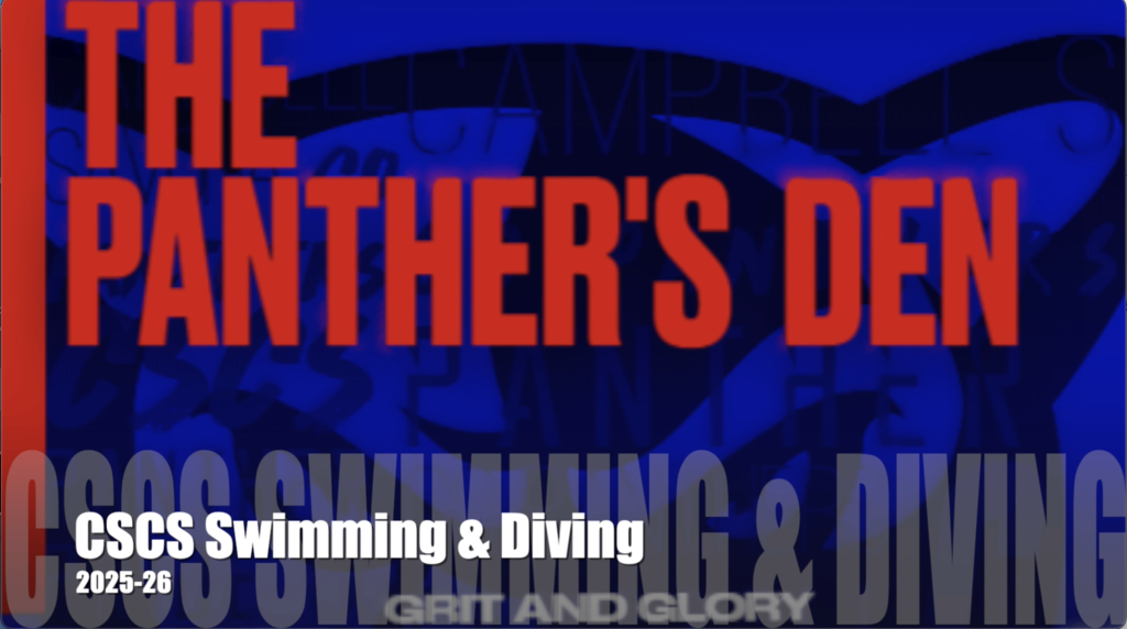 Panthers den podcast logo with swimming and diving