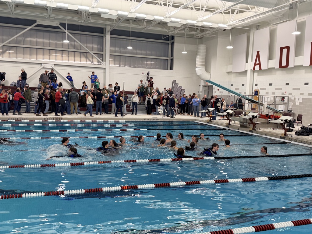Swim team all in the pool celebrating