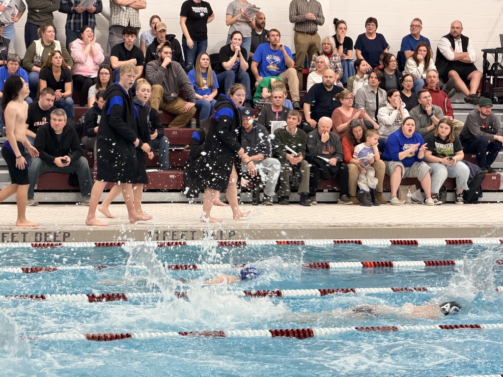 Swim team cheering on teammateas as they swim