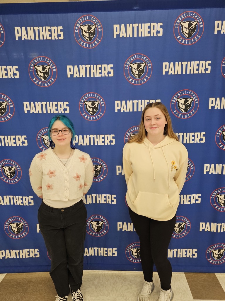 Two students standing in front of panther banner posing for picture