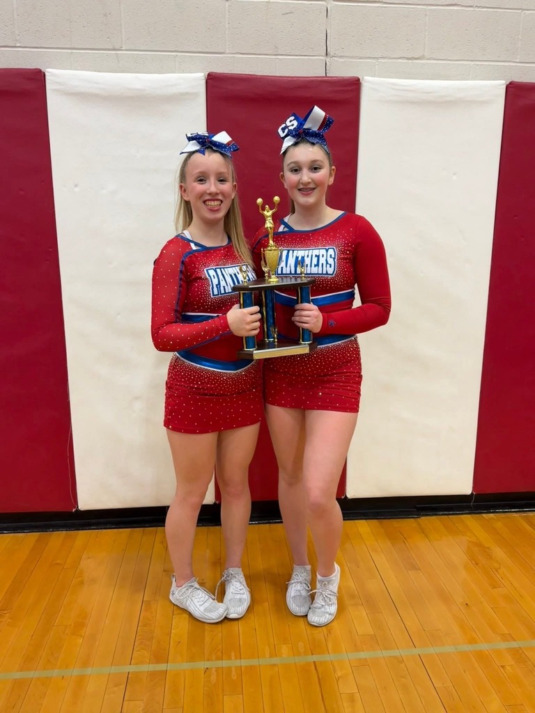 Two cheerleaders holding trophy