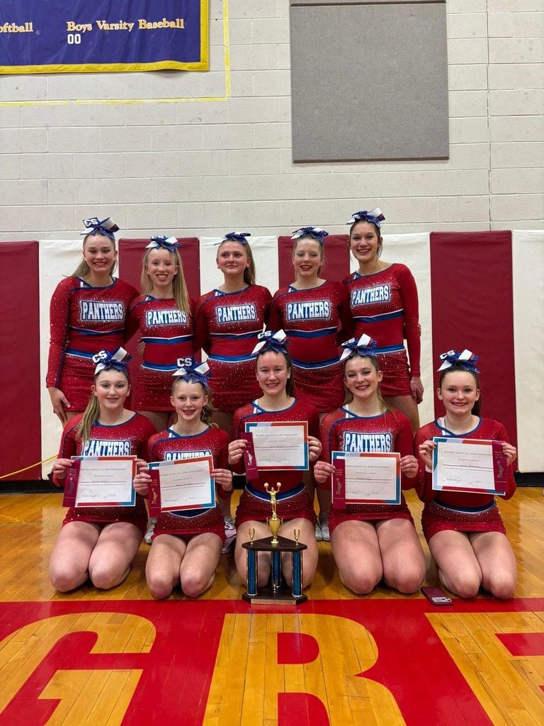 Picture of cheer team in front of trophy