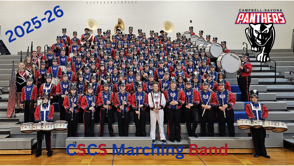 Marching band group photo in uniforms.
