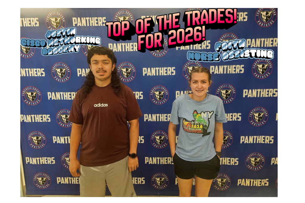 Top of thet rades picture of two students in front of panther banner