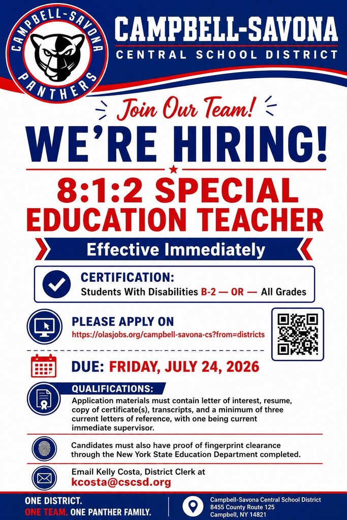 Advertisement describing where to apply, how to apply, and the job opening of an 8:1:2 special education teacher at campbell savona CSD. Apply on olasjobs.org