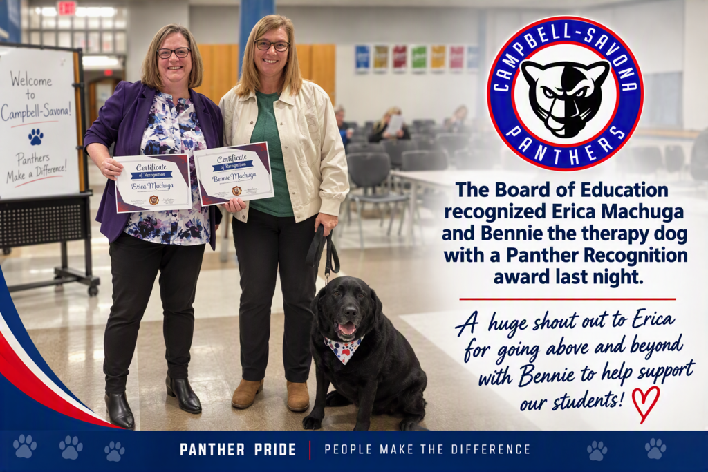 Panther pride recognition picture with 2 people and a black lab