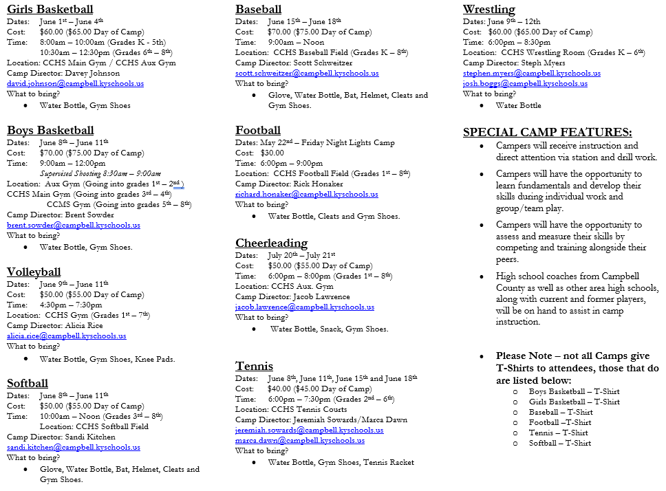 2026 - Campbell County High School - Youth Camps