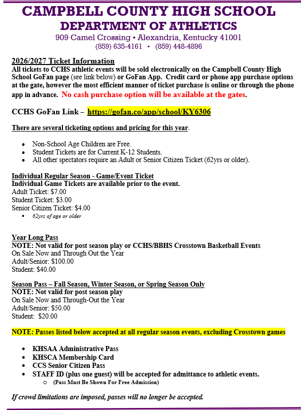 2026-2027 Camels Athletics Ticket Information
