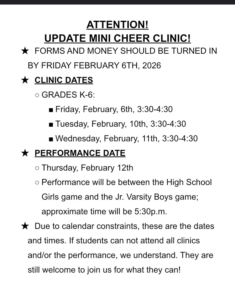 Attention Update about Mini/Youth Cheerleading Clinic