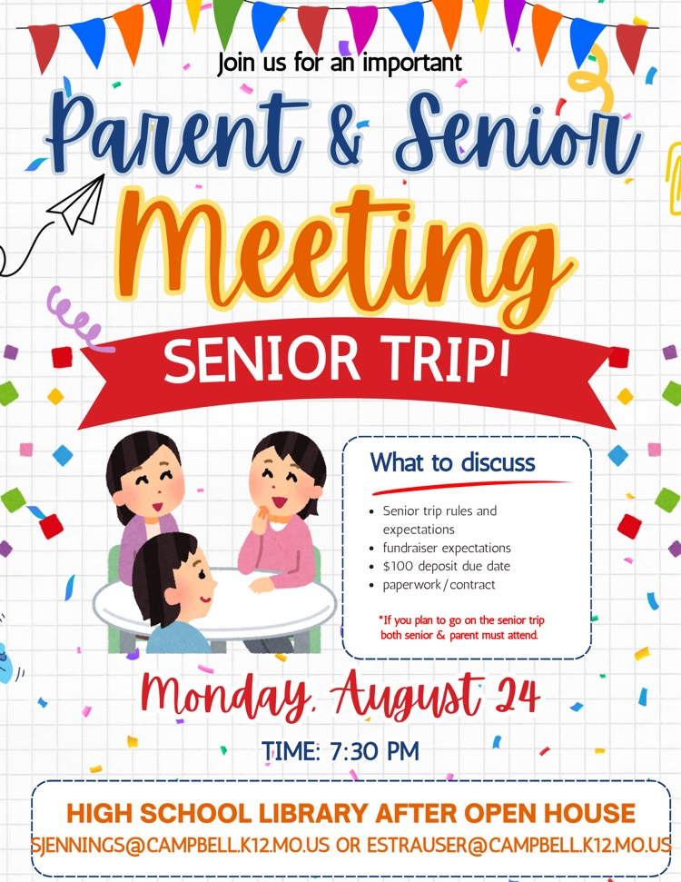 Please share. Seniors and parents/guardians of seniors who plan to go on the senior trip need to attend this meeting.