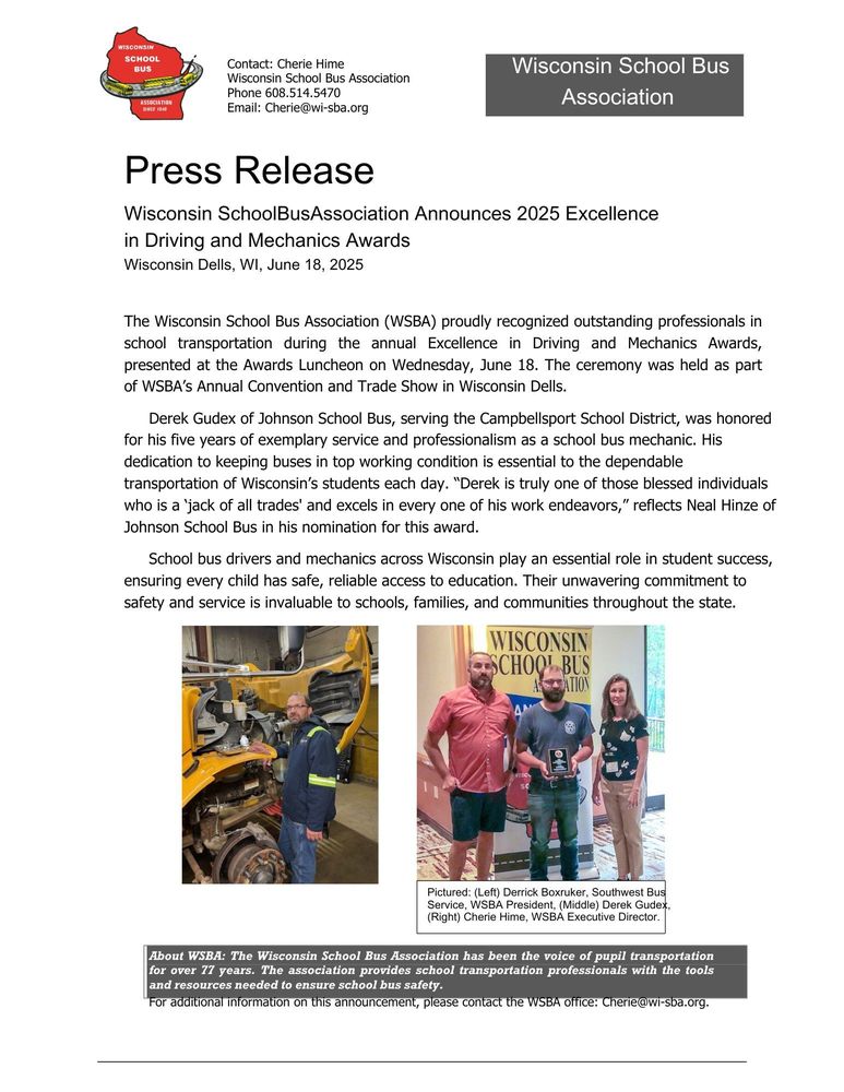 Derek Gudex of Johnson School bus mechanic award
