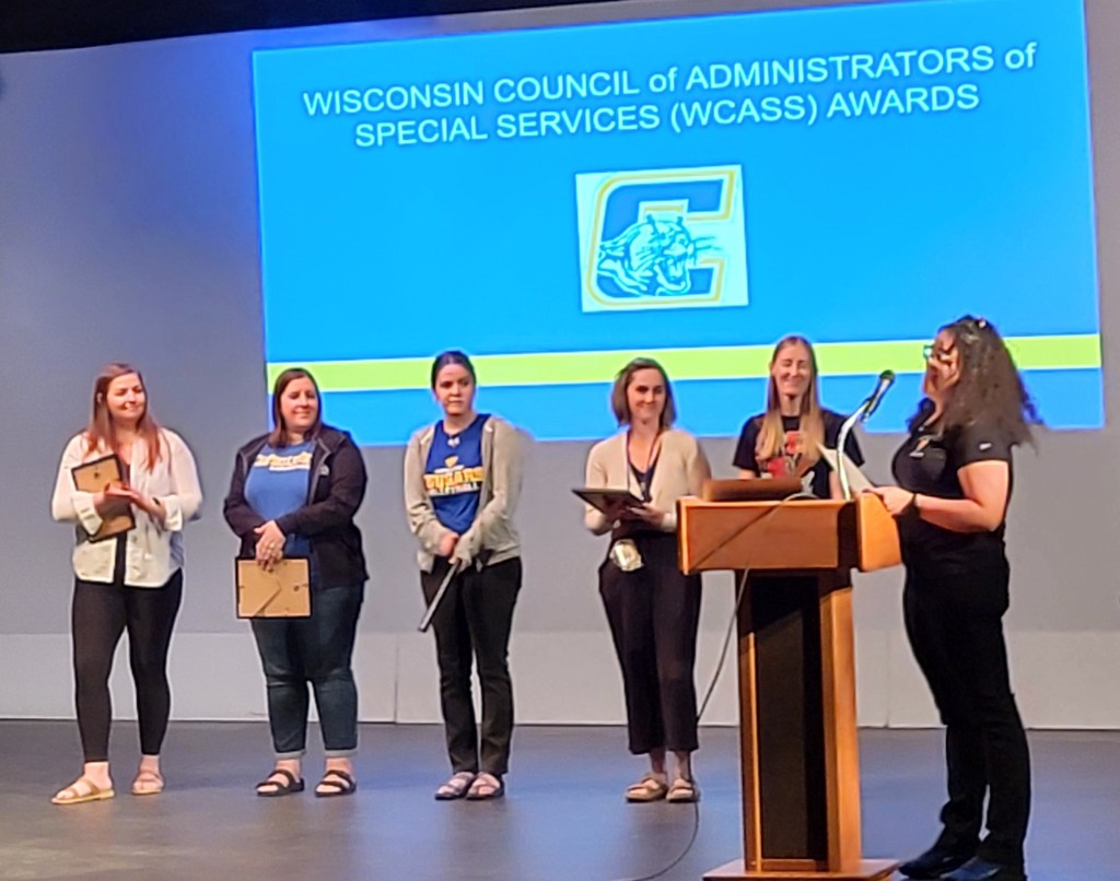 WCASS Award recipients, Sam Svoboda, Maggie Atkinson, Ally Schrieber, Maggie Moore, Tarah Smith presented by Dr. Sally Kellman