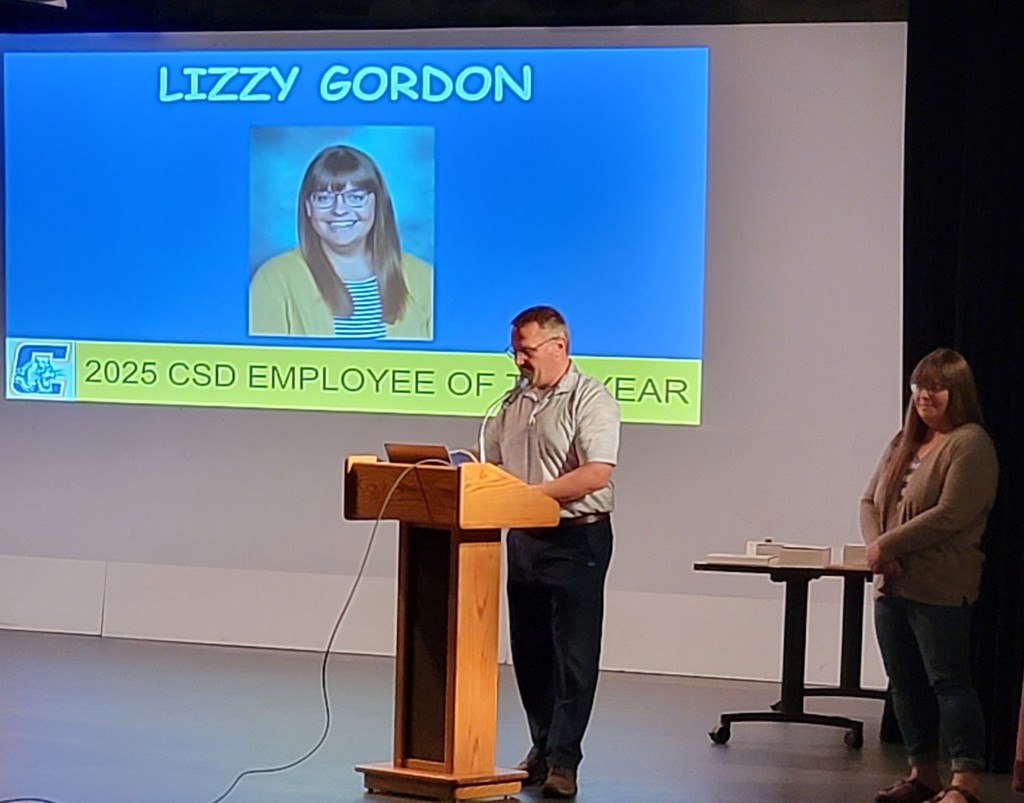 Employee of the Year Lizzy Gordon with Supt. Tom Wissink.