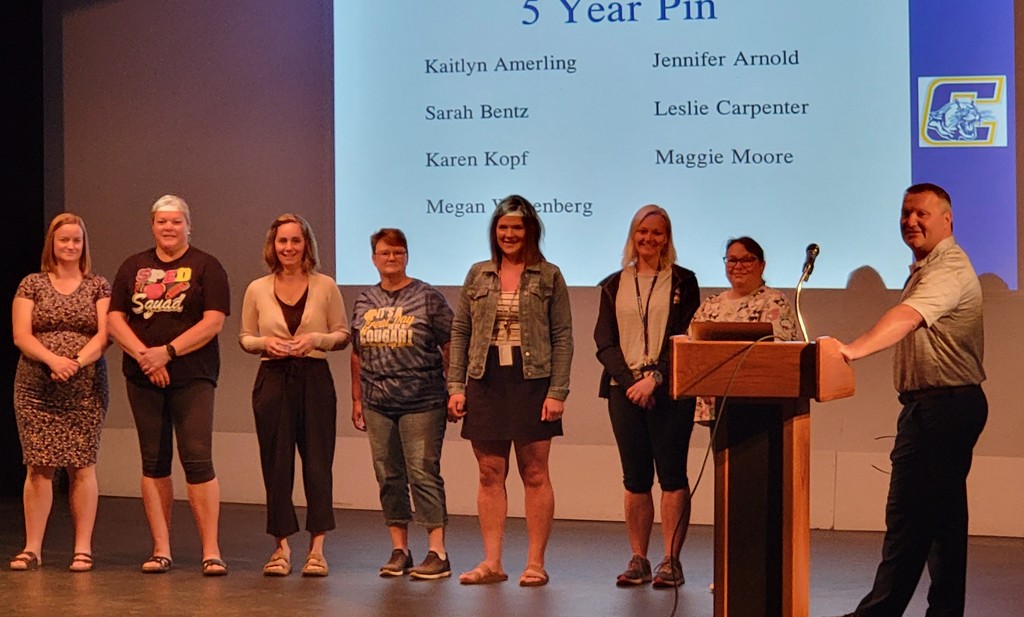 Picture of 5-year service award recipients Kaitlyn Amerling, Jennifer Arnold, Sarah Bentz, Leslie Carperter, Karen Kopf, Maggie Moore, Megan Weyenberg