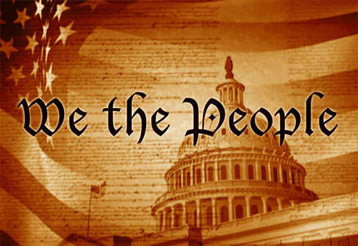 Picture of the US Constitution in the background with the US Flag and the US Capital with the words "We the People"