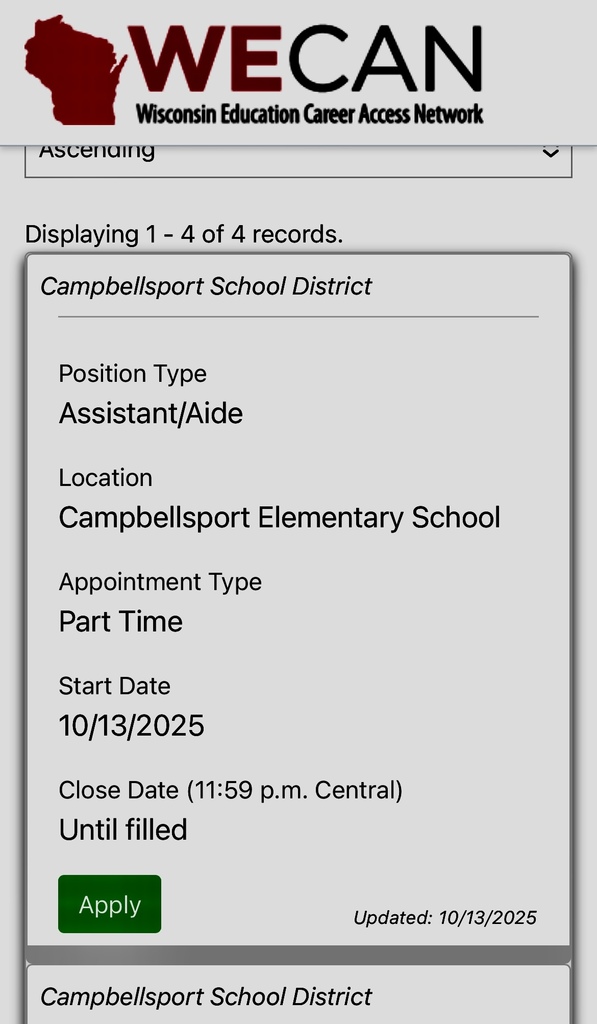 Campbellsport Elementary School Aide Posting 