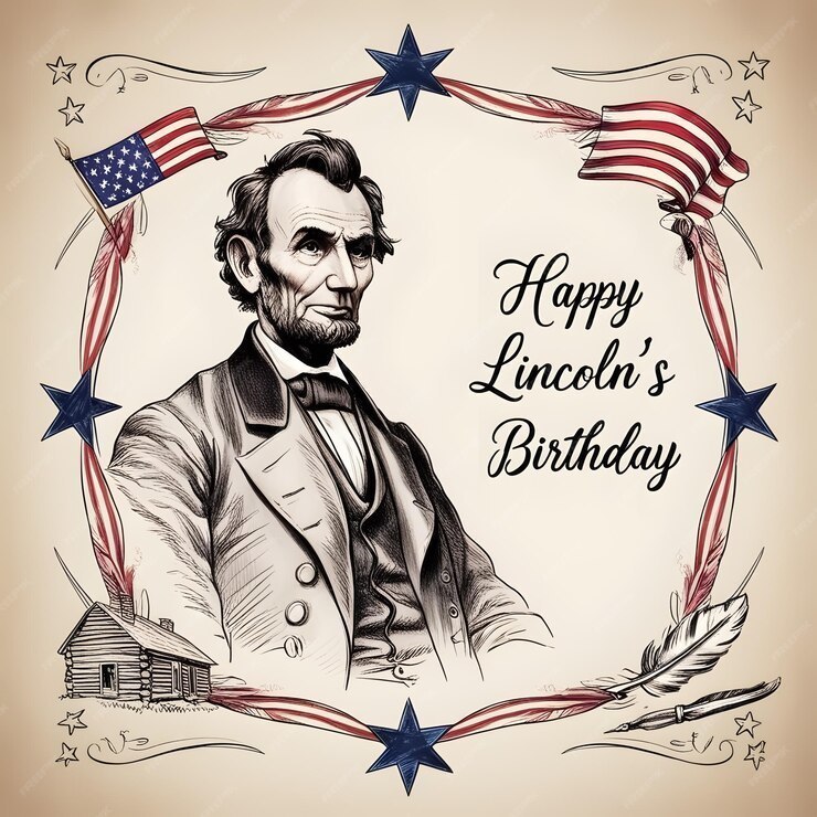 Picture of Abraham Lincoln; Happy Lincoln's Birthday with a red and white banner with stars and flags around Abraham Lincoln with a picture of a cabinet, feathers and pen on a cream background