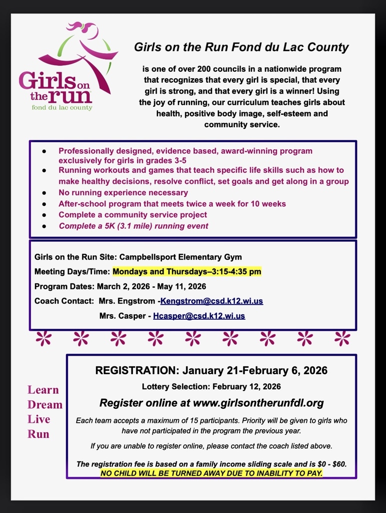 Girls on the run poster - visit www.girlsontherunfdl.org for info