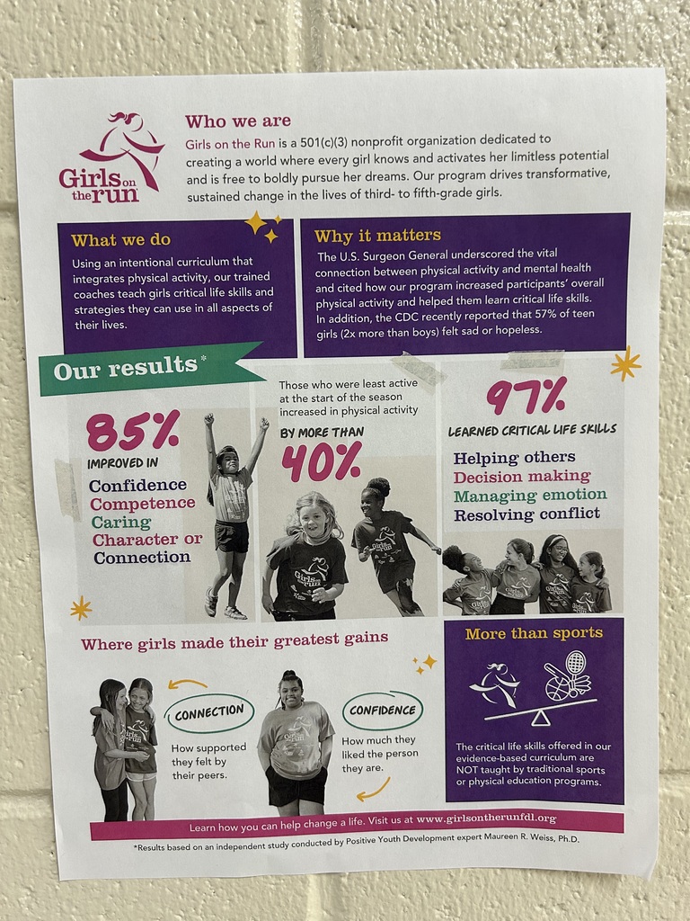 Girls on the run poster - visit www.girlsontherunfdl.org for info