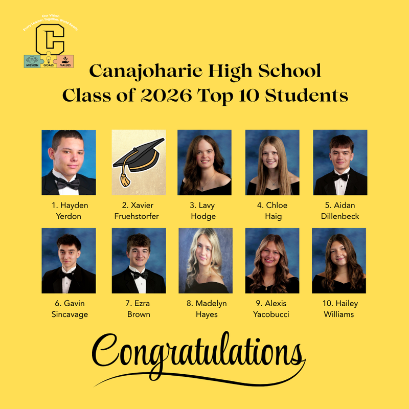 A grid of 10 photos of the graduates of 2026. Text reading Canajoharie High School Class of 2026 Top 10 Students above and Congratulations below