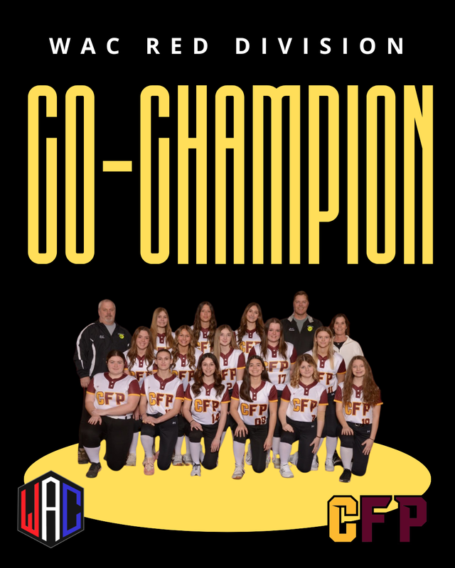A softball team poses for a photo, celebrating their WAC Red Division Co-Champion title.