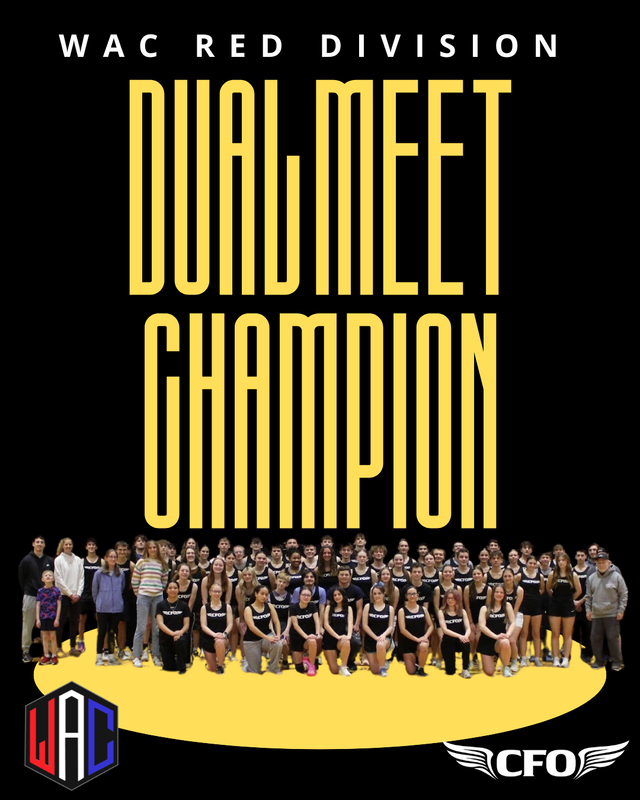 A large group of athletes and coaches pose for a photo, celebrating their "DUAL MEET CHAMPION" title in the "WAC RED DIVISION".